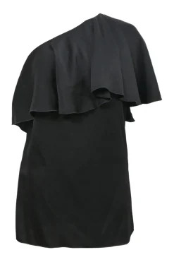 Black viscose-blend one-shoulder ruffle blouse