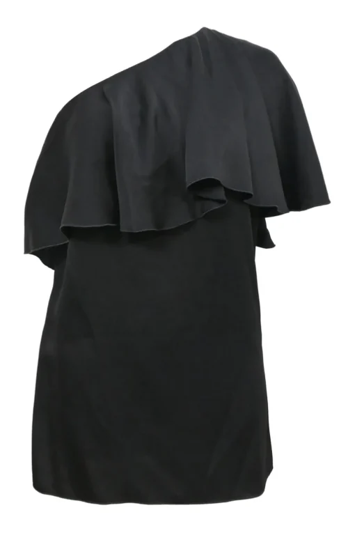 Black viscose-blend one-shoulder ruffle blouse