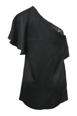 Black viscose-blend one-shoulder ruffle blouse