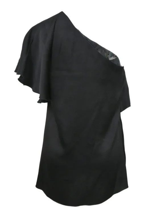 Black viscose-blend one-shoulder ruffle blouse
