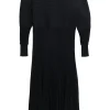 Black viscose-blend paneled pullover puff-sleeve plissé knee-length dress