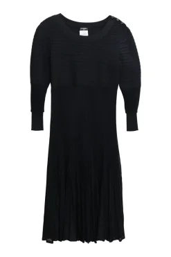 Black viscose-blend paneled pullover puff-sleeve plissé knee-length dress