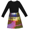 Black viscose-blend paneled long-sleeve A-line dress with landscape digi-print skirt