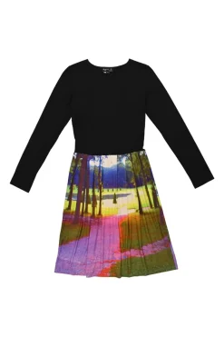 Black viscose-blend paneled long-sleeve A-line dress with landscape digi-print skirt
