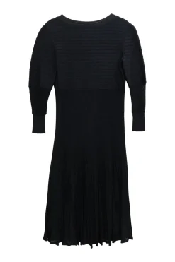 Black viscose-blend paneled pullover puff-sleeve plissé knee-length dress