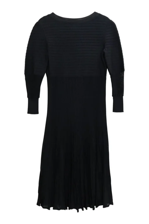 Black viscose-blend paneled pullover puff-sleeve plissé knee-length dress
