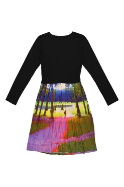 Black viscose-blend paneled long-sleeve A-line dress with landscape digi-print skirt