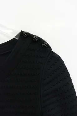Black viscose-blend paneled pullover puff-sleeve plissé knee-length dress
