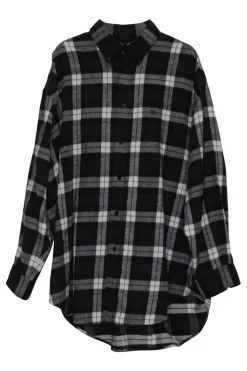 Black viscose-blend plaid flannel button-front classic collar oversized swing-style shirt