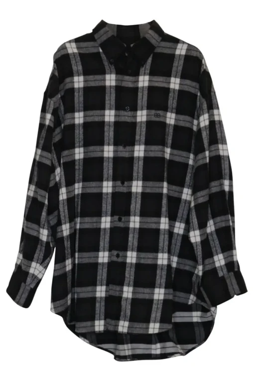 Black viscose-blend plaid flannel button-front classic collar oversized swing-style shirt