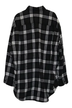 Black viscose-blend plaid flannel button-front classic collar oversized swing-style shirt