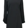 Black viscose-blend plissé bishop sleeve shift dress