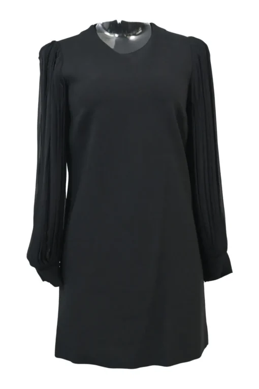 Black viscose-blend plissé bishop sleeve shift dress