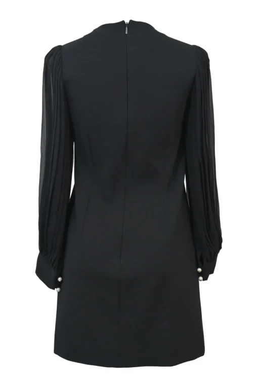 Black viscose-blend plissé bishop sleeve shift dress