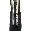Black viscose-blend plunge neck foulard dress featuring multi-colour graphic star motif