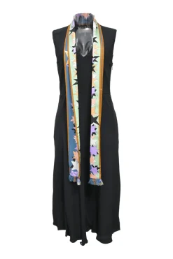 Black viscose-blend plunge neck foulard dress featuring multi-colour graphic star motif