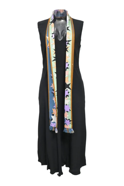 Black viscose-blend plunge neck foulard dress featuring multi-colour graphic star motif