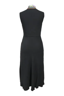 Black viscose-blend plunge neck foulard dress featuring multi-colour graphic star motif