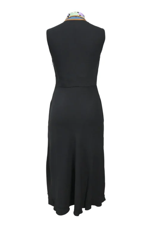 Black viscose-blend plunge neck foulard dress featuring multi-colour graphic star motif