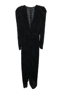 Black viscose-blend polka dot devoré wrap-effect plunge long sleeve ruched midi dress