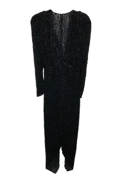 Black viscose-blend polka dot devoré wrap-effect plunge long sleeve ruched midi dress