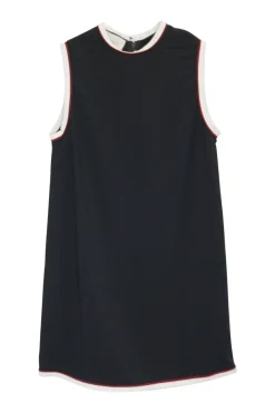 Black viscose-blend pullover sleeveless swing-style tunic shift dress with contrast rib knit tipping