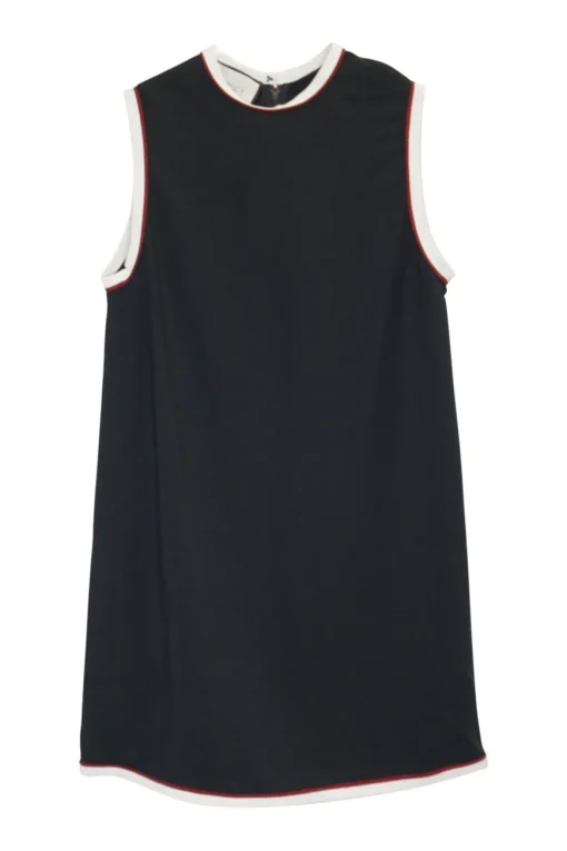 Black viscose-blend pullover sleeveless swing-style tunic shift dress with contrast rib knit tipping