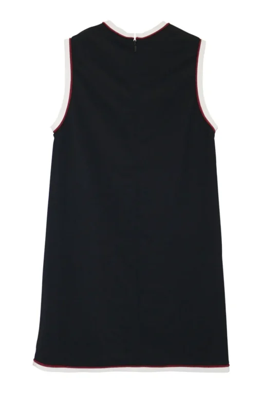 Black viscose-blend pullover sleeveless swing-style tunic shift dress with contrast rib knit tipping