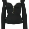 Black viscose-blend rib knit long sleeve sweetheart long sleeve keyhole top with diamanté neckline appliqué