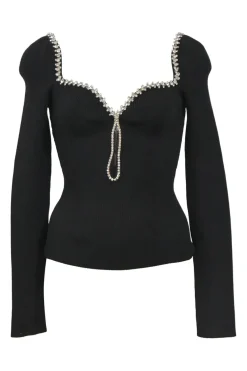 Black viscose-blend rib knit long sleeve sweetheart long sleeve keyhole top with diamanté neckline appliqué