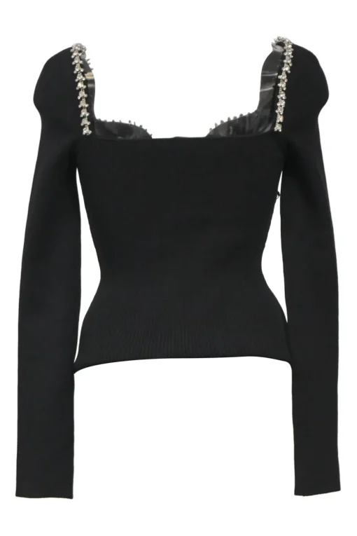 Black viscose-blend rib knit long sleeve sweetheart long sleeve keyhole top with diamanté neckline appliqué