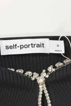 Black viscose-blend rib knit long sleeve sweetheart long sleeve keyhole top with diamanté neckline appliqué