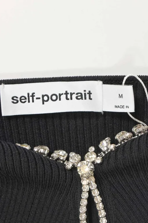 Black viscose-blend rib knit long sleeve sweetheart long sleeve keyhole top with diamanté neckline appliqué