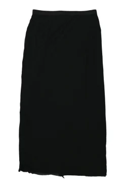 Black viscose-blend ribbed asymmetrical pull-on midi skirt with elastic waistband