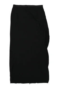 Black viscose-blend ribbed asymmetrical pull-on midi skirt with elastic waistband