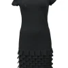Black viscose-blend short sleeve sheath dress with tiered fringe skirt and keyhole back