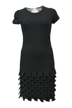 Black viscose-blend short sleeve sheath dress with tiered fringe skirt and keyhole back