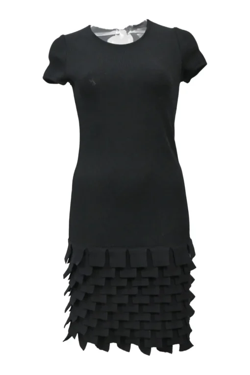 Black viscose-blend short sleeve sheath dress with tiered fringe skirt and keyhole back