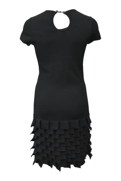 Black viscose-blend short sleeve sheath dress with tiered fringe skirt and keyhole back