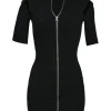 Black viscose-blend slash shoulder rib-knit funnel collar zip-up mini half-sleeve dress