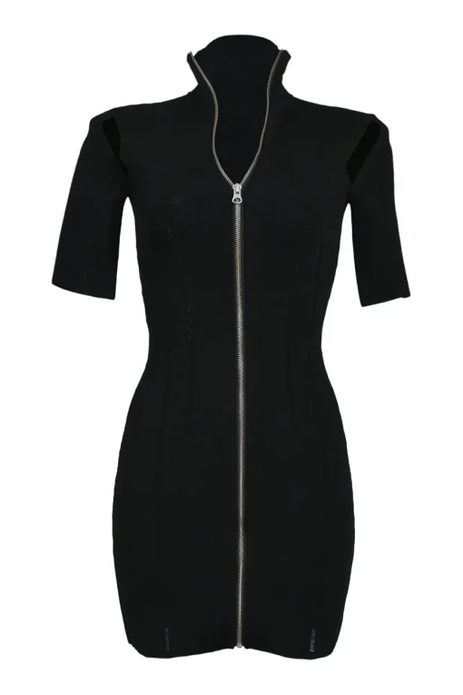 Black viscose-blend slash shoulder rib-knit funnel collar zip-up mini half-sleeve dress
