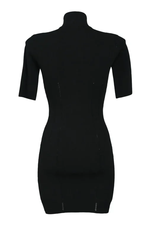 Black viscose-blend slash shoulder rib-knit funnel collar zip-up mini half-sleeve dress