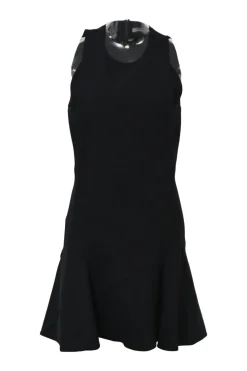 Black viscose-blend sleeveless drop-waist flounce dress