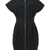 Black viscose-blend spread collar zip-up dolman sleeve bubble sheath dress with tucked waistband and slanted hip pockets