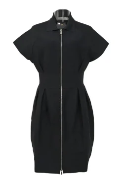 Black viscose-blend spread collar zip-up dolman sleeve bubble sheath dress with tucked waistband and slanted hip pockets
