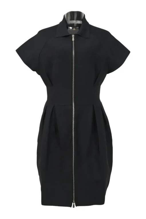 Black viscose-blend spread collar zip-up dolman sleeve bubble sheath dress with tucked waistband and slanted hip pockets