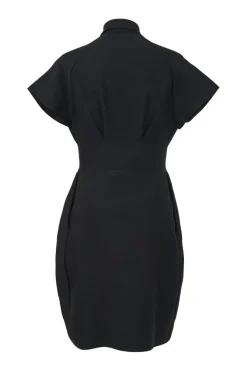 Black viscose-blend spread collar zip-up dolman sleeve bubble sheath dress with tucked waistband and slanted hip pockets