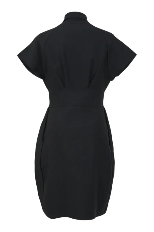 Black viscose-blend spread collar zip-up dolman sleeve bubble sheath dress with tucked waistband and slanted hip pockets