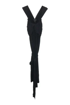 Black viscose-blend tie-waist draped mini dress with cascading wrap-front effect bodice trim