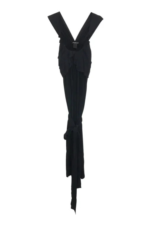 Black viscose-blend tie-waist draped mini dress with cascading wrap-front effect bodice trim